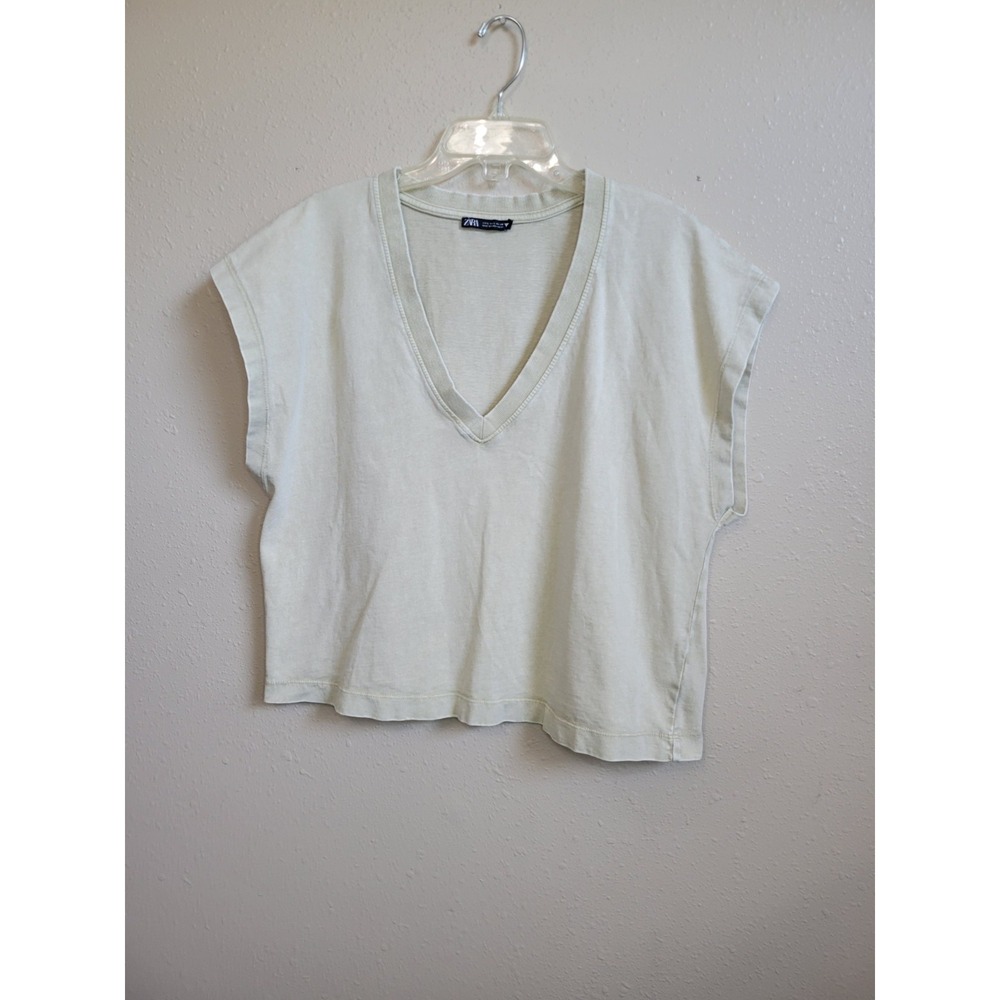 ZARA Women T Shirt Washed V Neck Cap Sleeve Cropped Casual Cotton Blend Sz L